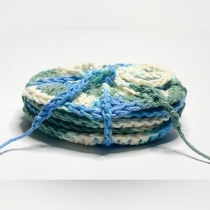 Set of 5 Handmade Cotton Yarn Face Scrubbies Blue Green Cream